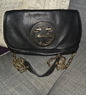 Tory Burch Black Leather Flap Shoulder Bag with Gold Logo Chain